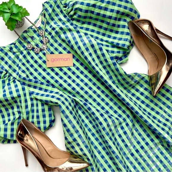 Gorman Stay in Check Mini Dress Puff Sleeve Green Blue Gingham Size 6 NWT - Picture 13 of 13